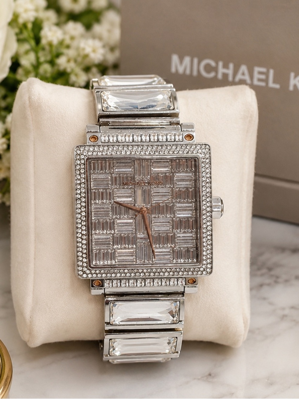 Michael Kors MK-5728 Women's Silver Crystal Pave Square Watch (Dead Battery) - Picture 1 of 15